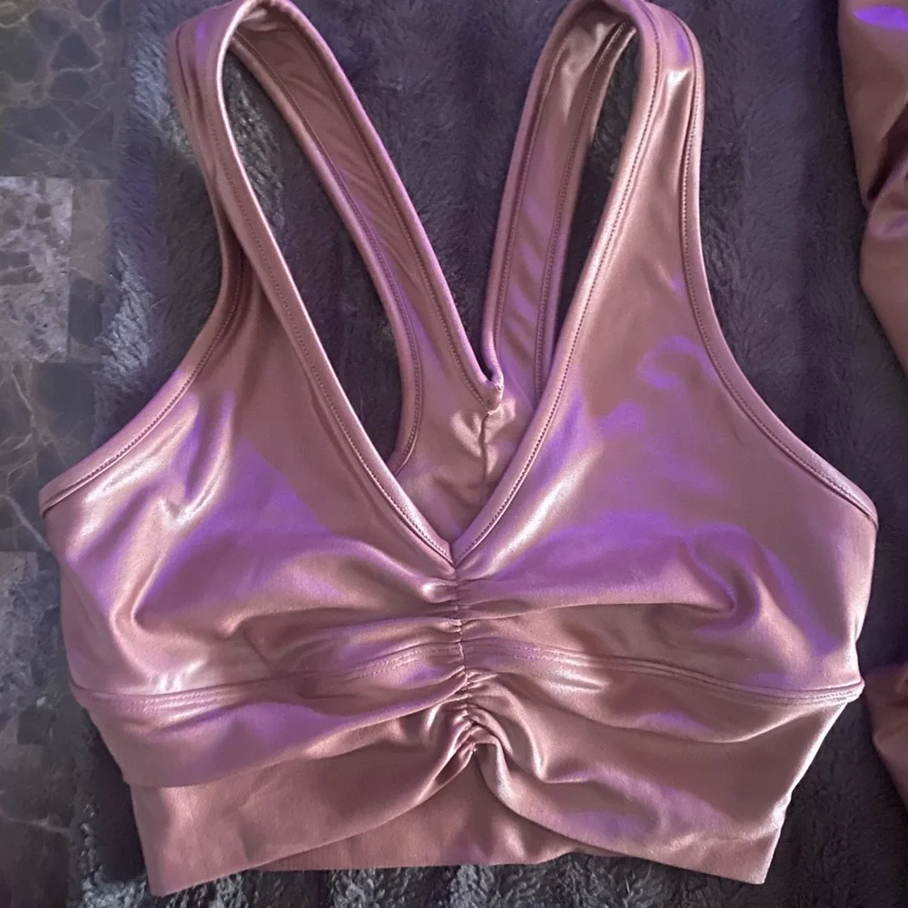 ALO Yoga Rose Gold Ruched Leggings & Sports Bra Set